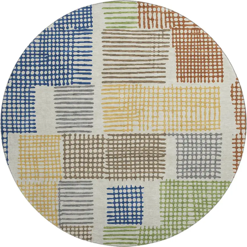 8' Beige Blue And Green Geometric Washable Round Rug With UV Protection Photo 1