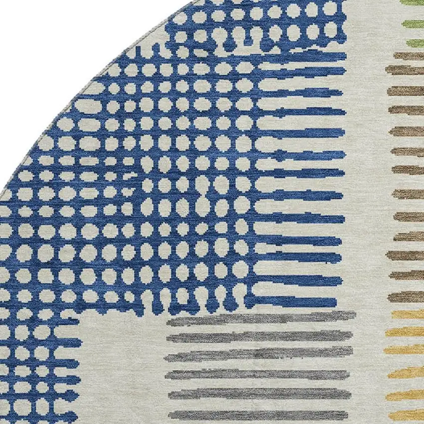 8' Beige Blue And Green Geometric Washable Round Rug With UV Protection Photo 3