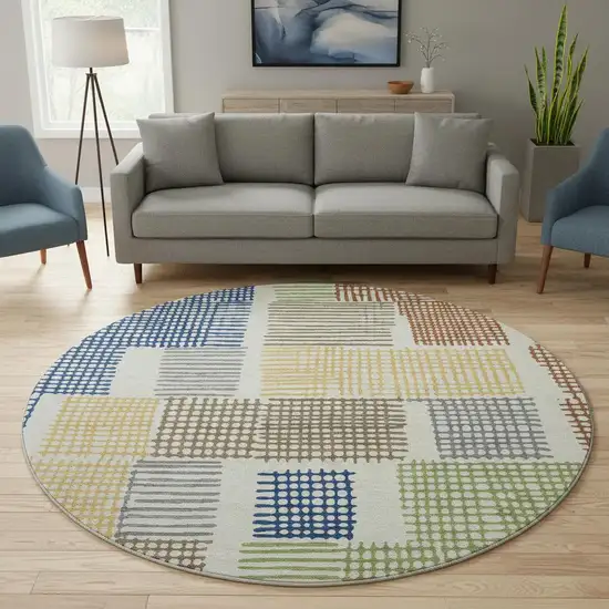 8' Beige Blue And Green Geometric Washable Round Rug With UV Protection Photo 2