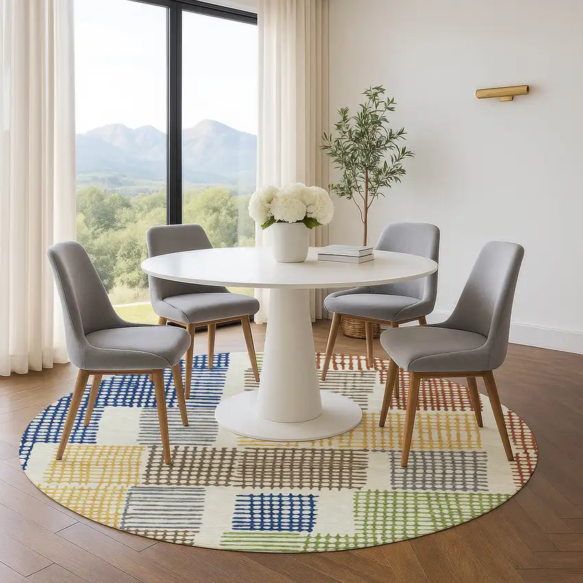 8' Beige Blue And Green Geometric Washable Round Rug With UV Protection Photo 5