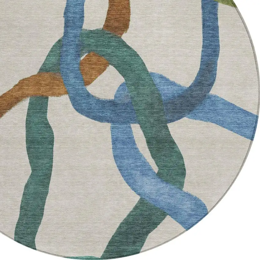 8' Beige Blue And Green Round Abstract Washable Indoor Outdoor Area Rug Photo 2