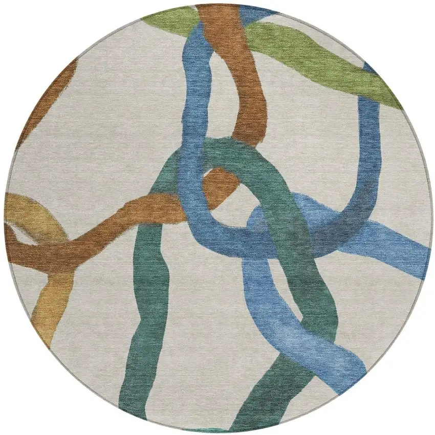 8' Beige Blue And Green Round Abstract Washable Indoor Outdoor Area Rug Photo 3