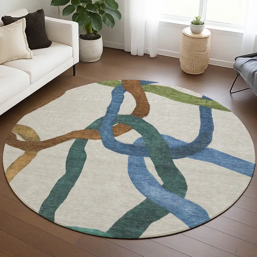 8' Beige Blue And Green Round Abstract Washable Indoor Outdoor Area Rug Photo 5