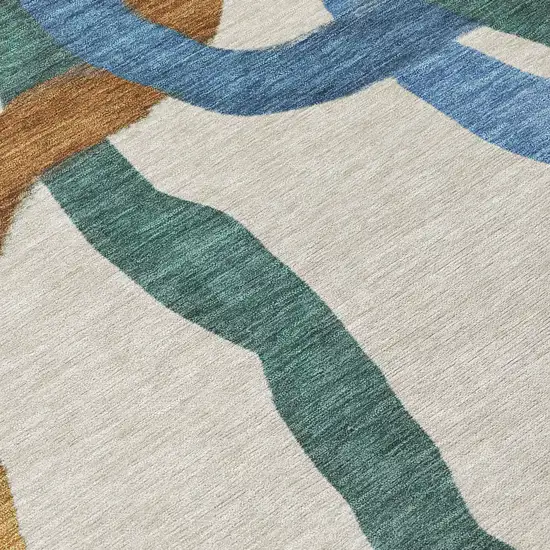 8' Beige Blue And Green Round Abstract Washable Indoor Outdoor Area Rug Photo 9