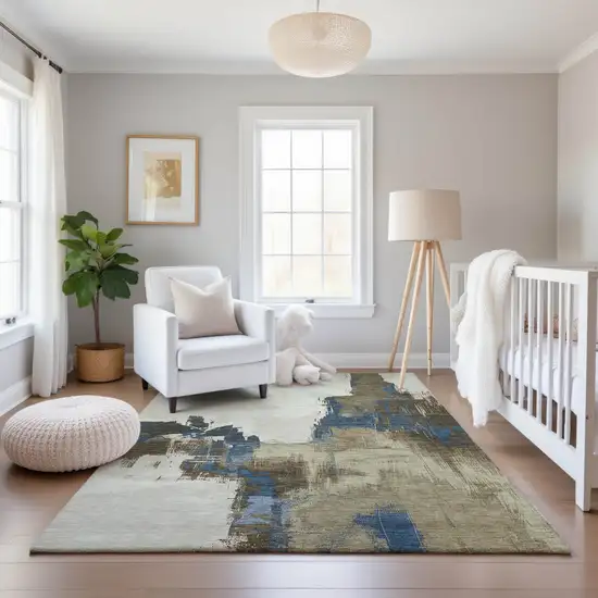 8' Beige Blue And Ivory Abstract Washable Area Rug With UV Protection Photo 4