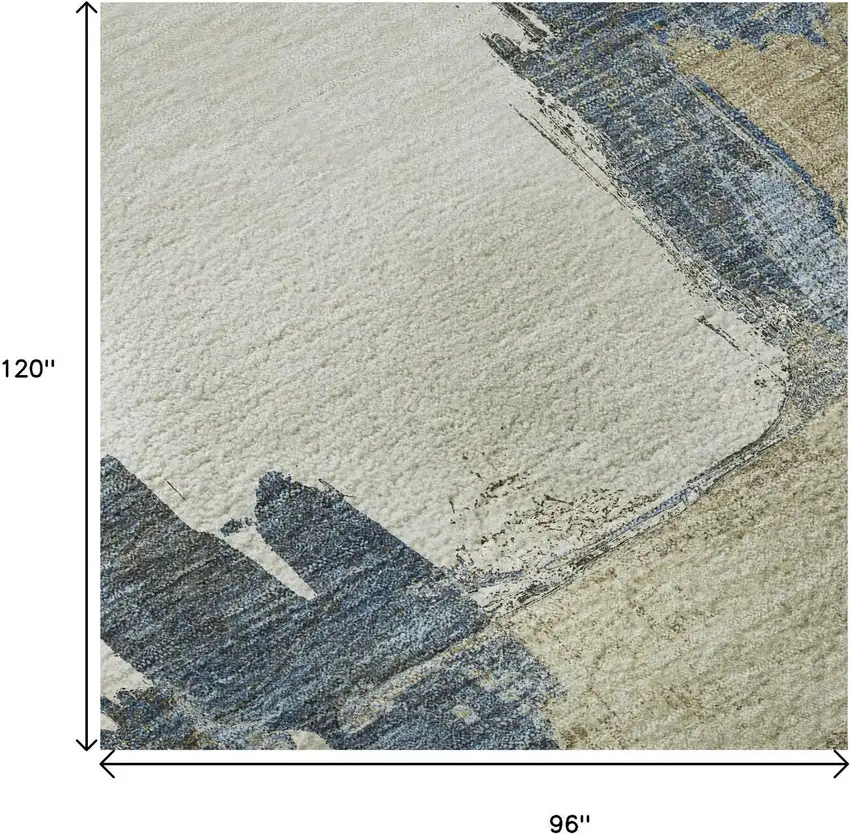 8' Beige Blue And Ivory Abstract Washable Area Rug With UV Protection Photo 9