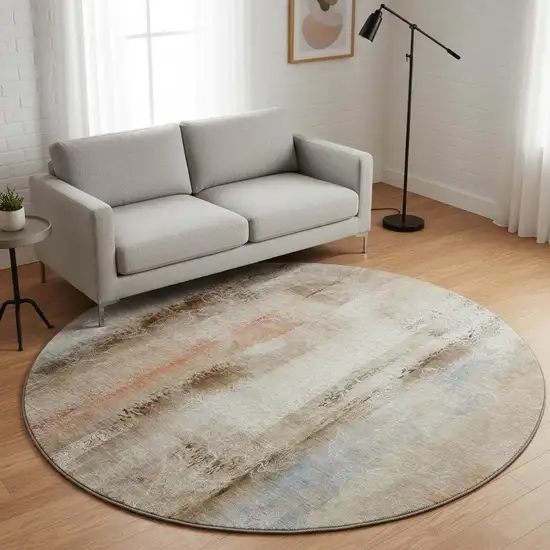 8' Beige Blue And Ivory Abstract Washable Round Rug With UV Protection Photo 2