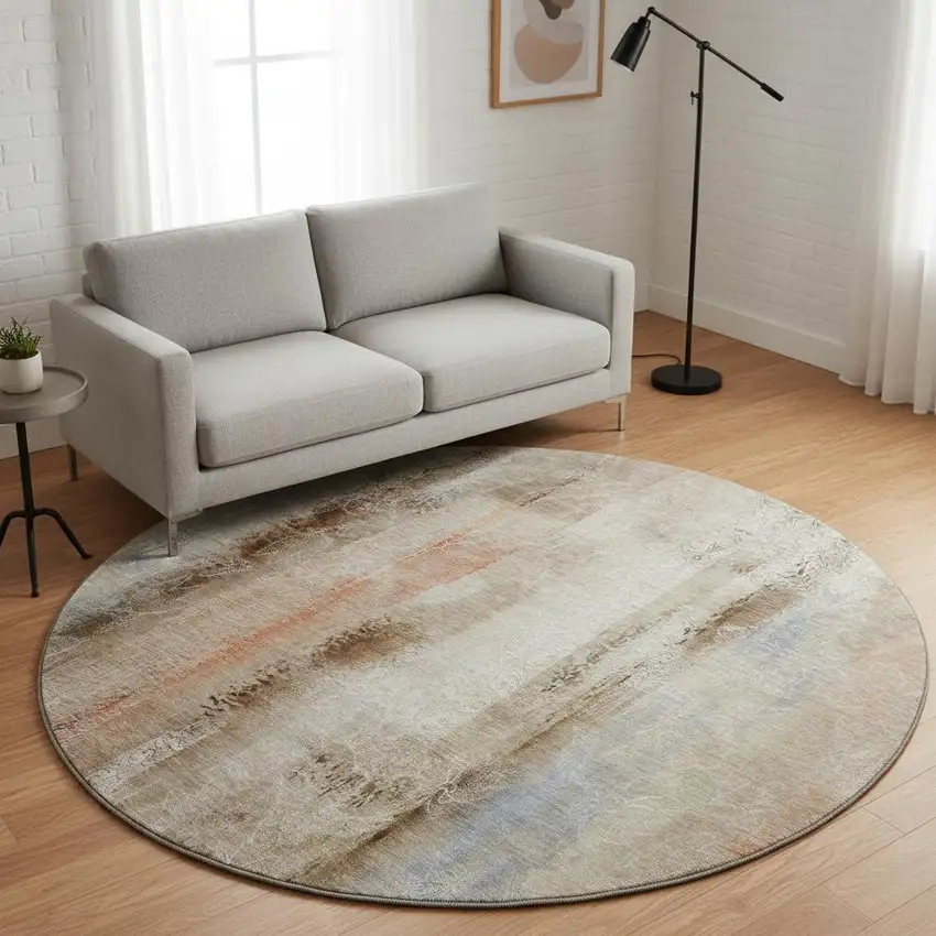 8' Beige Blue And Ivory Abstract Washable Round Rug With UV Protection Photo 2