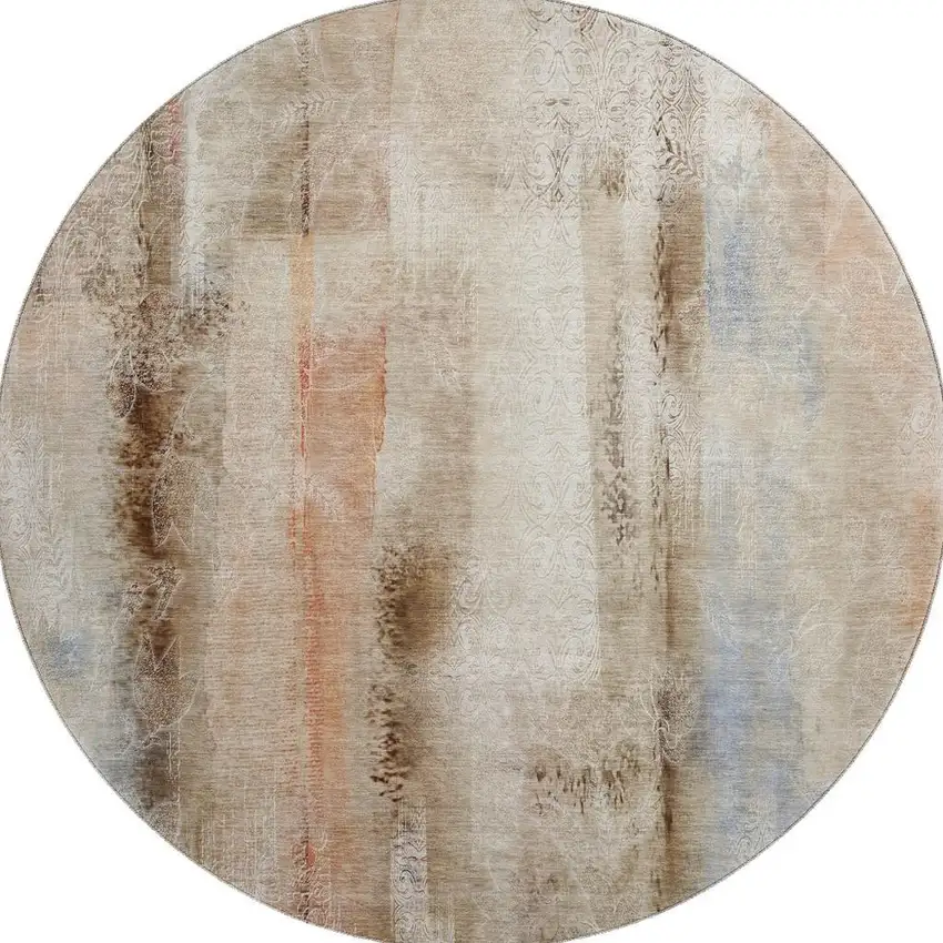 8' Beige Blue And Ivory Abstract Washable Round Rug With UV Protection Photo 3