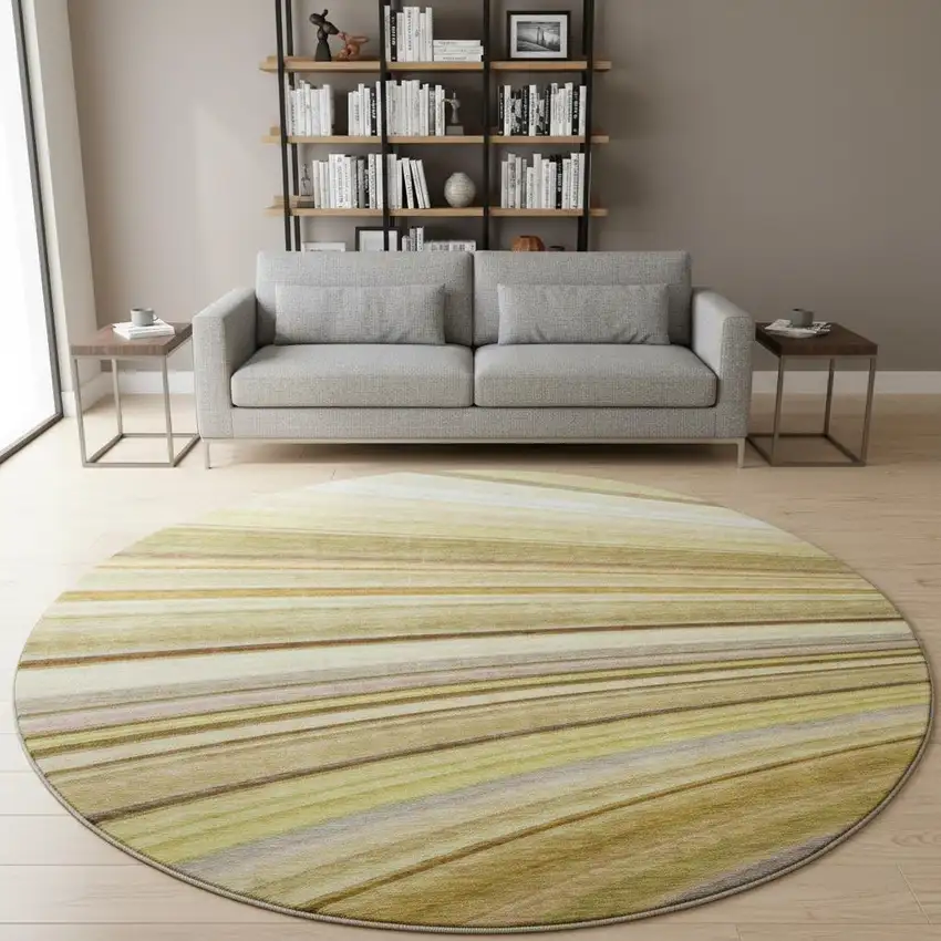 8' Beige Blue And Ivory Abstract Washable Round Rug With UV Protection Photo 2