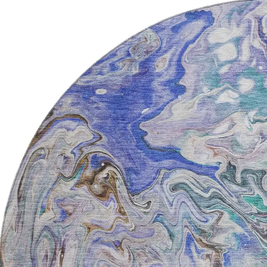 8' Beige Blue And Ivory Abstract Washable Round Rug With UV Protection Photo 3