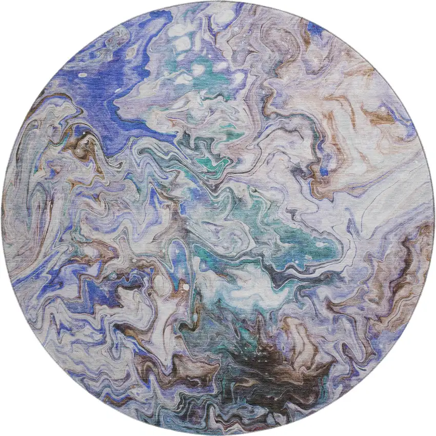 8' Beige Blue And Ivory Abstract Washable Round Rug With UV Protection Photo 1