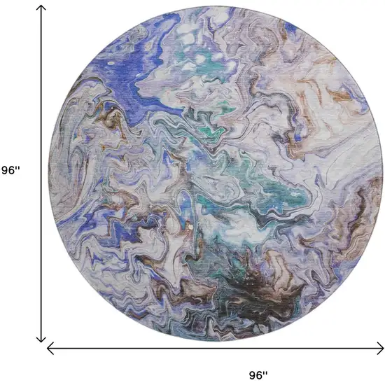 8' Beige Blue And Ivory Abstract Washable Round Rug With UV Protection Photo 9