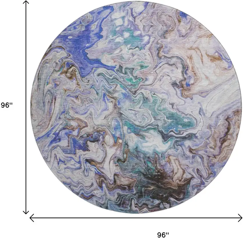 8' Beige Blue And Ivory Abstract Washable Round Rug With UV Protection Photo 9