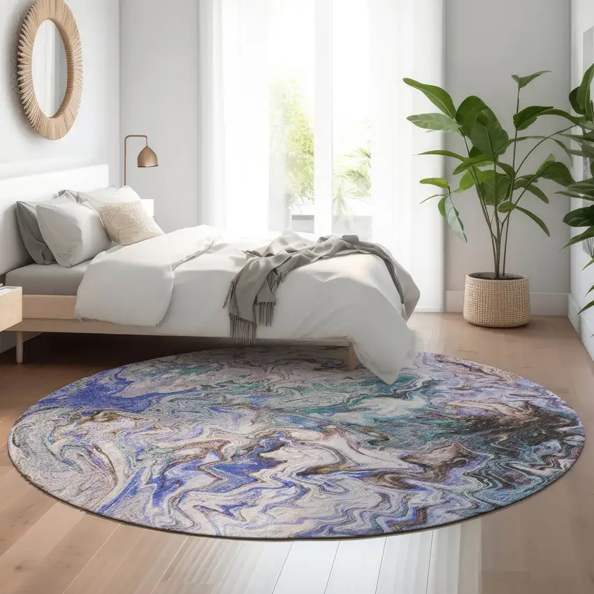 8' Beige Blue And Ivory Abstract Washable Round Rug With UV Protection Photo 4