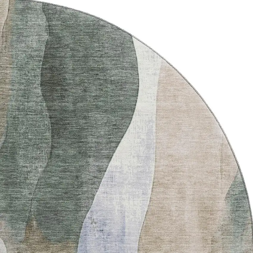 8' Beige Blue And Ivory Abstract Washable Round Rug With UV Protection Photo 4