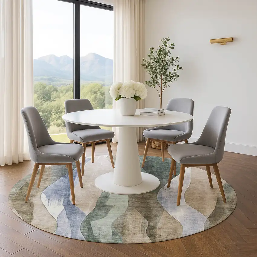 8' Beige Blue And Ivory Abstract Washable Round Rug With UV Protection Photo 5