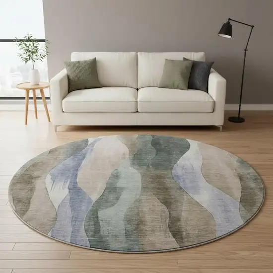 8' Beige Blue And Ivory Abstract Washable Round Rug With UV Protection Photo 2