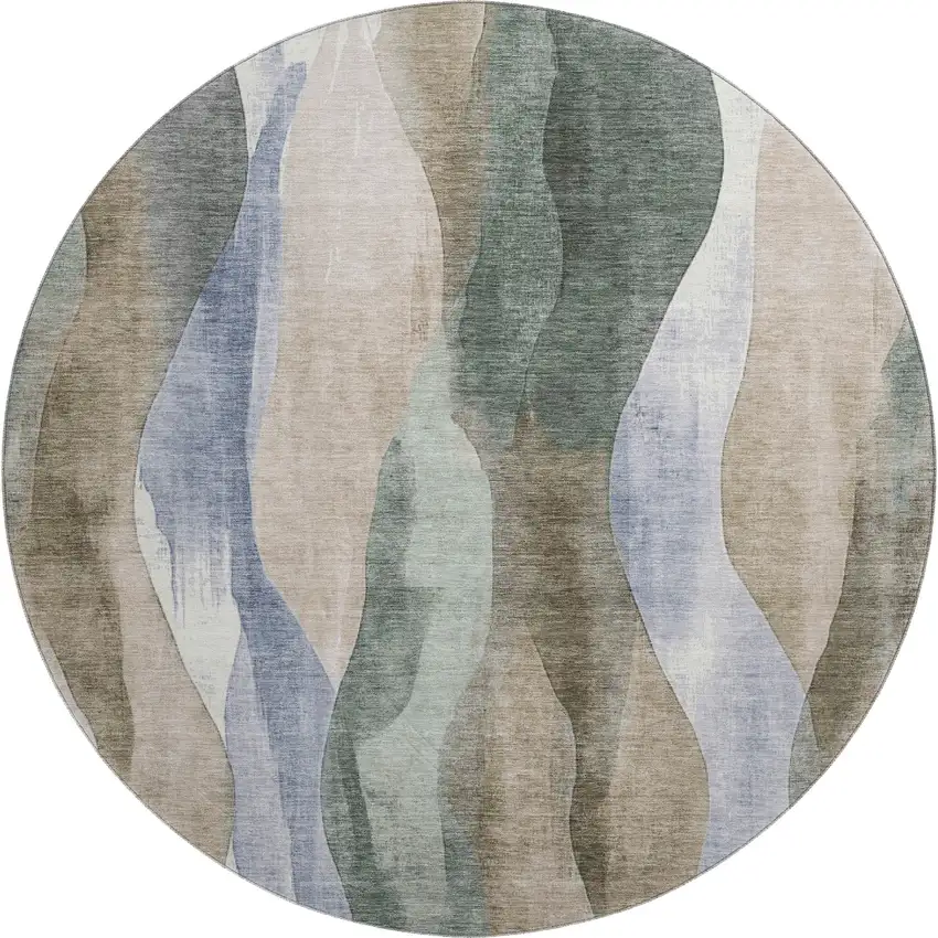 8' Beige Blue And Ivory Abstract Washable Round Rug With UV Protection Photo 1