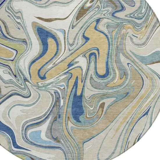 8' Beige Blue And Ivory Round Abstract Washable Indoor Outdoor Area Rug Photo 2