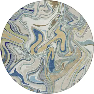 Photo of 8' Beige Blue And Ivory Round Abstract Washable Indoor Outdoor Area Rug