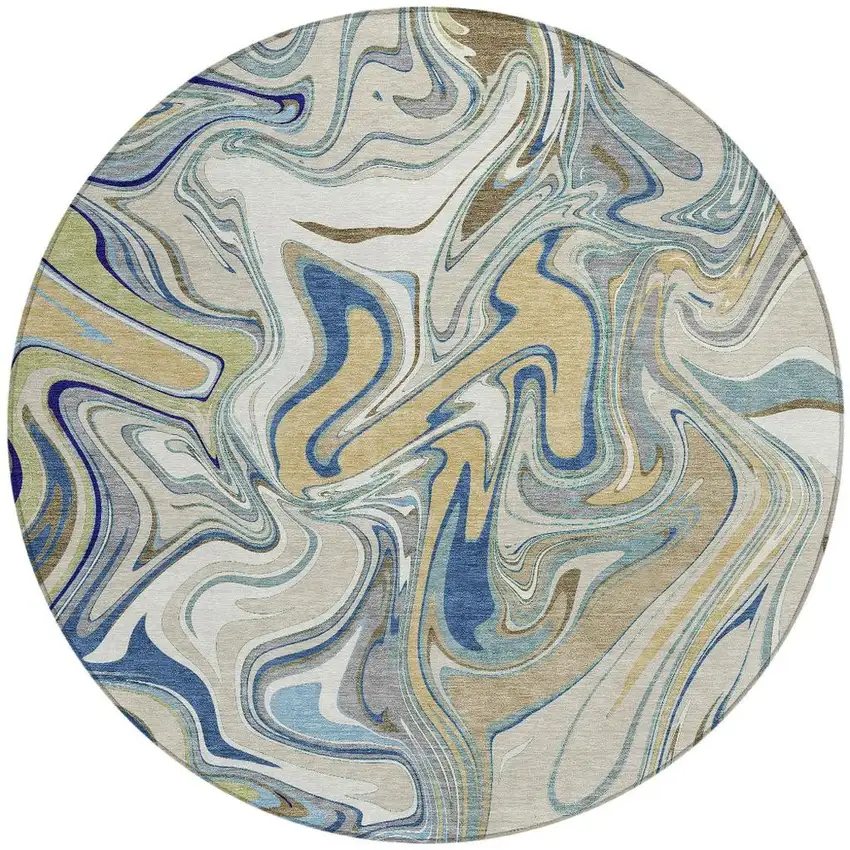8' Beige Blue And Ivory Round Abstract Washable Indoor Outdoor Area Rug Photo 3