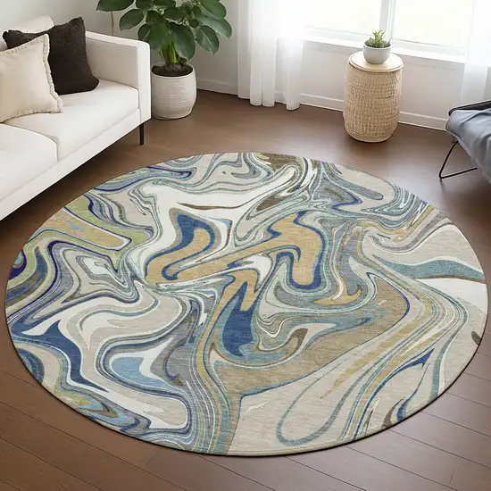 8' Beige Blue And Ivory Round Abstract Washable Indoor Outdoor Area Rug Photo 5