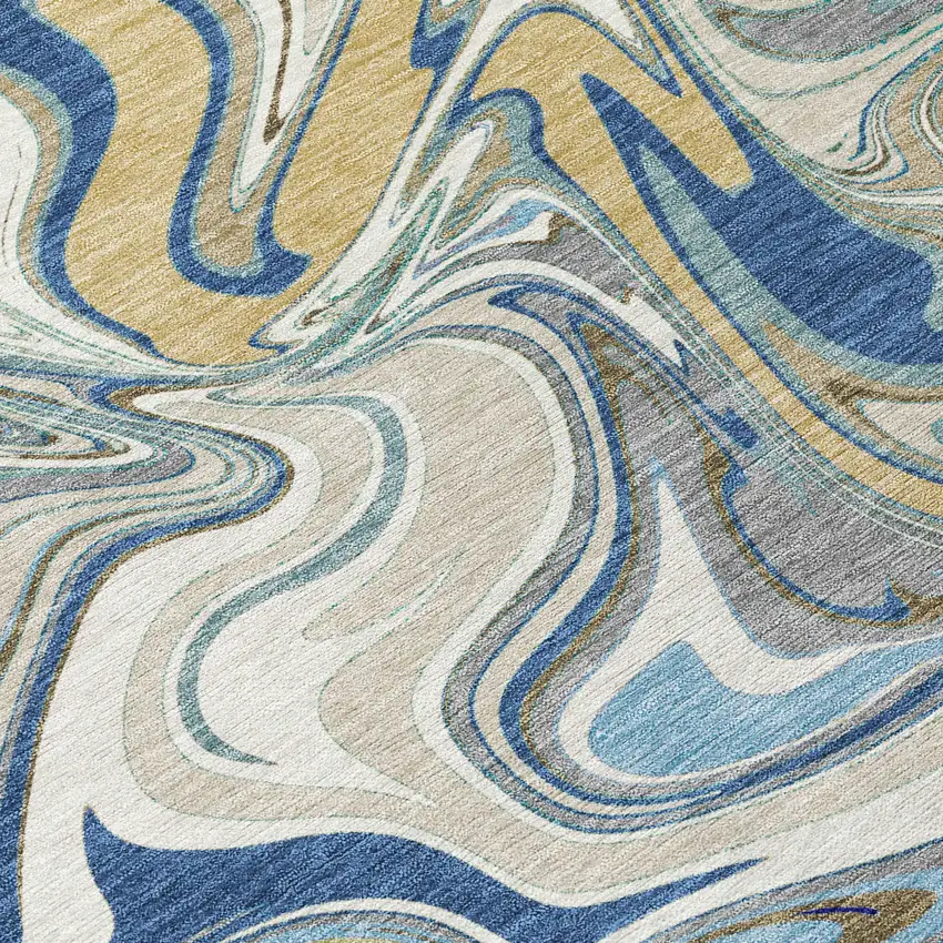 8' Beige Blue And Ivory Round Abstract Washable Indoor Outdoor Area Rug Photo 9