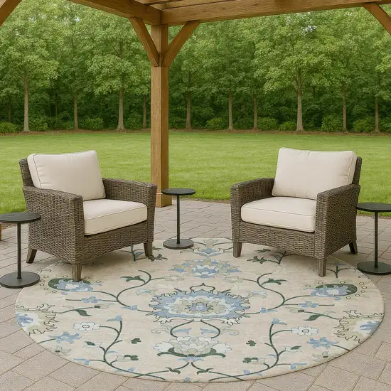 8' Beige Blue And Ivory Round Floral Washable Indoor Outdoor Area Rug Photo 8