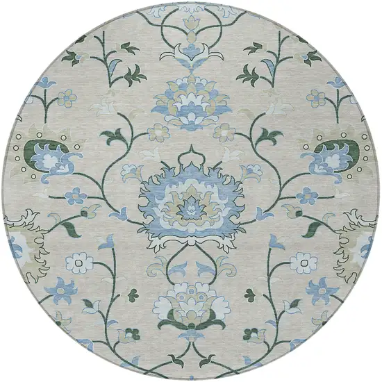8' Beige Blue And Ivory Round Floral Washable Indoor Outdoor Area Rug Photo 4