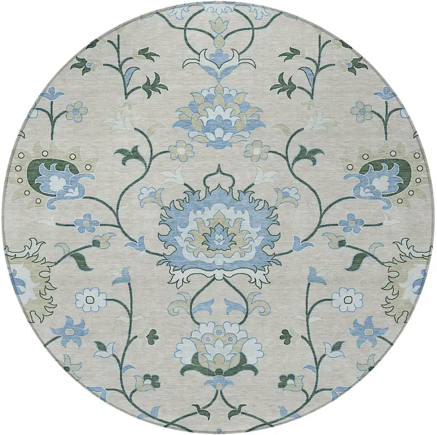 8' Beige Blue And Ivory Round Floral Washable Indoor Outdoor Area Rug Photo 4