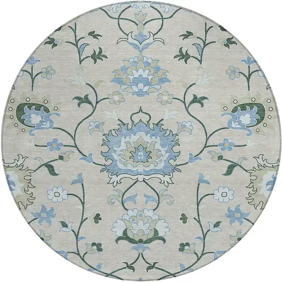 8' Beige Blue And Ivory Round Floral Washable Indoor Outdoor Area Rug Photo 2