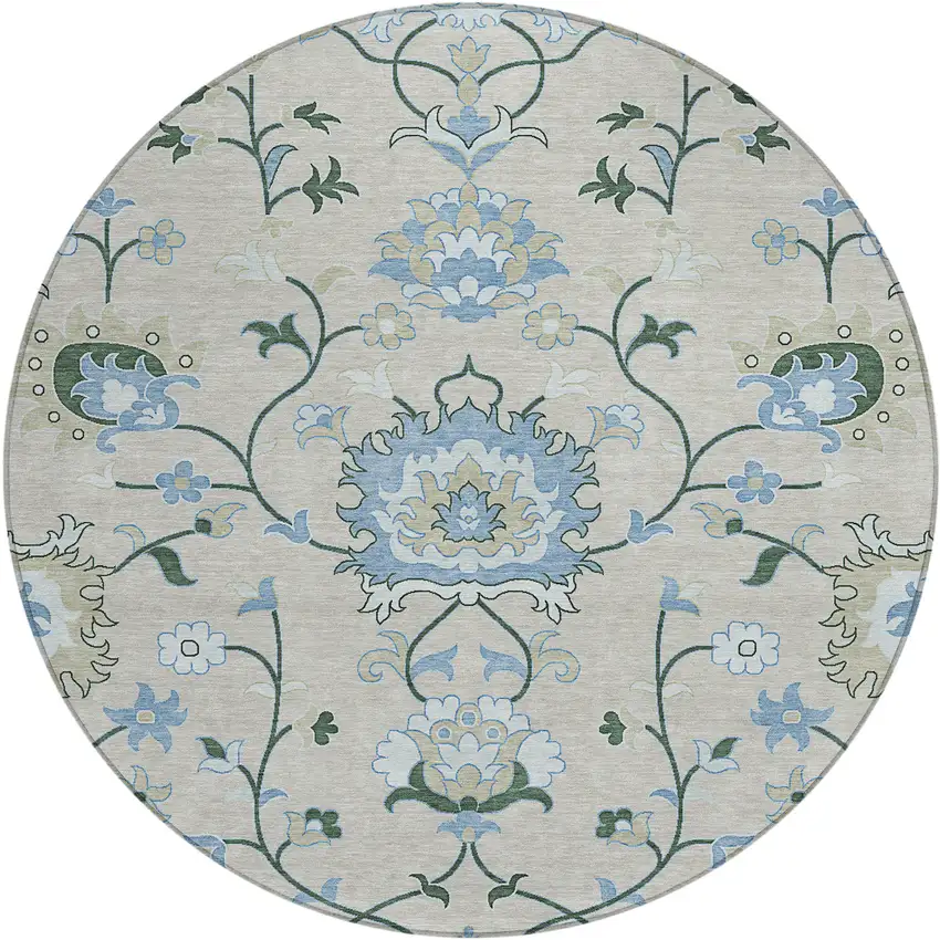 8' Beige Blue And Ivory Round Floral Washable Indoor Outdoor Area Rug Photo 2