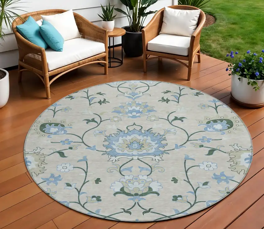 8' Beige Blue And Ivory Round Floral Washable Indoor Outdoor Area Rug Photo 1