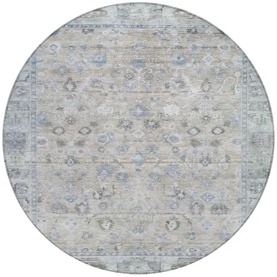 8' Beige Blue And Ivory Round Oriental Washable Indoor Outdoor Area Rug Photo 3