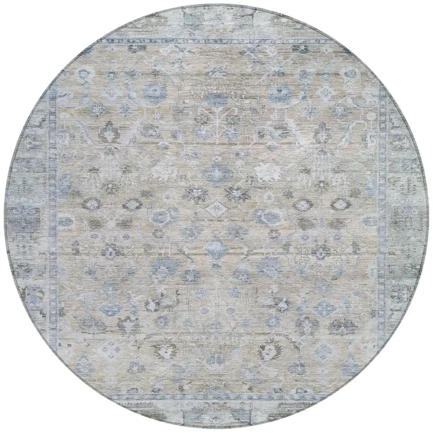 8' Beige Blue And Ivory Round Oriental Washable Indoor Outdoor Area Rug Photo 3