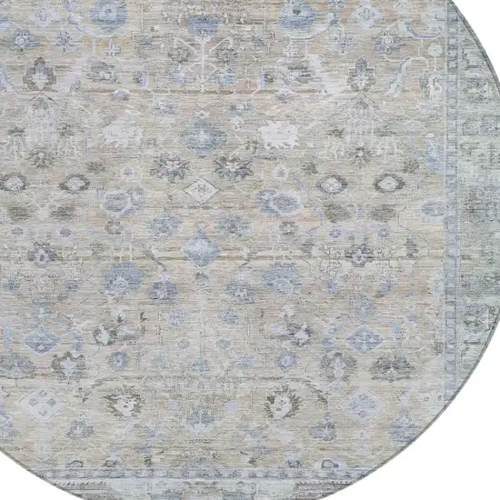 8' Beige Blue And Ivory Round Oriental Washable Indoor Outdoor Area Rug Photo 4