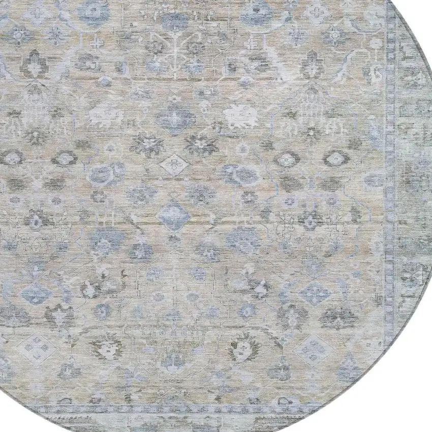 8' Beige Blue And Ivory Round Oriental Washable Indoor Outdoor Area Rug Photo 4
