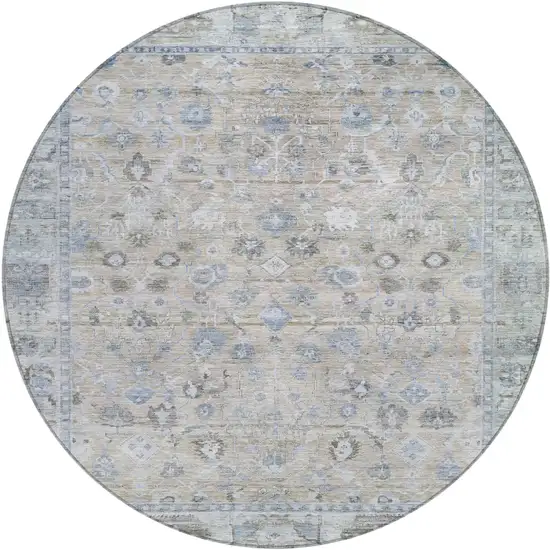 8' Beige Blue And Ivory Round Oriental Washable Indoor Outdoor Area Rug Photo 1
