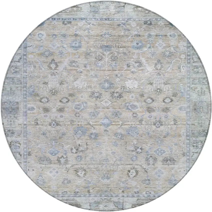 8' Beige Blue And Ivory Round Oriental Washable Indoor Outdoor Area Rug Photo 1