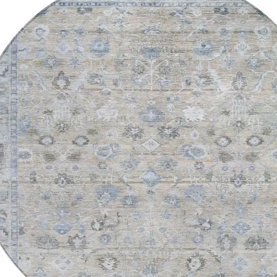8' Beige Blue And Ivory Round Oriental Washable Indoor Outdoor Area Rug Photo 9