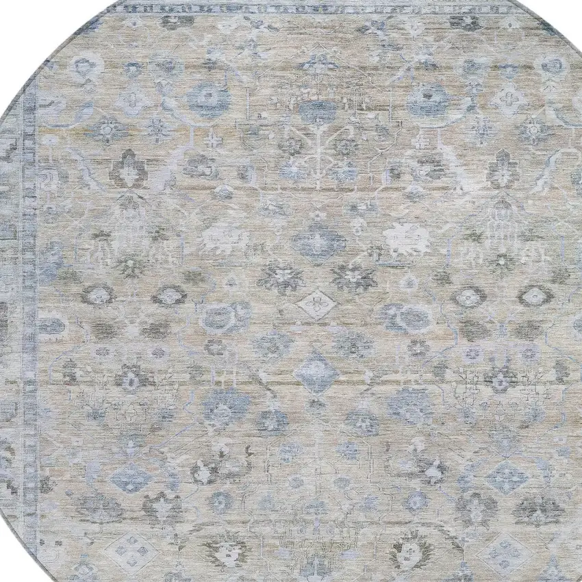 8' Beige Blue And Ivory Round Oriental Washable Indoor Outdoor Area Rug Photo 9