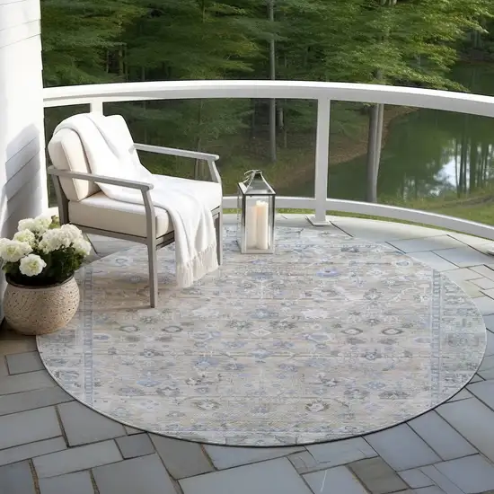8' Beige Blue And Ivory Round Oriental Washable Indoor Outdoor Area Rug Photo 5