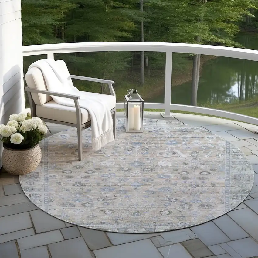 8' Beige Blue And Ivory Round Oriental Washable Indoor Outdoor Area Rug Photo 5