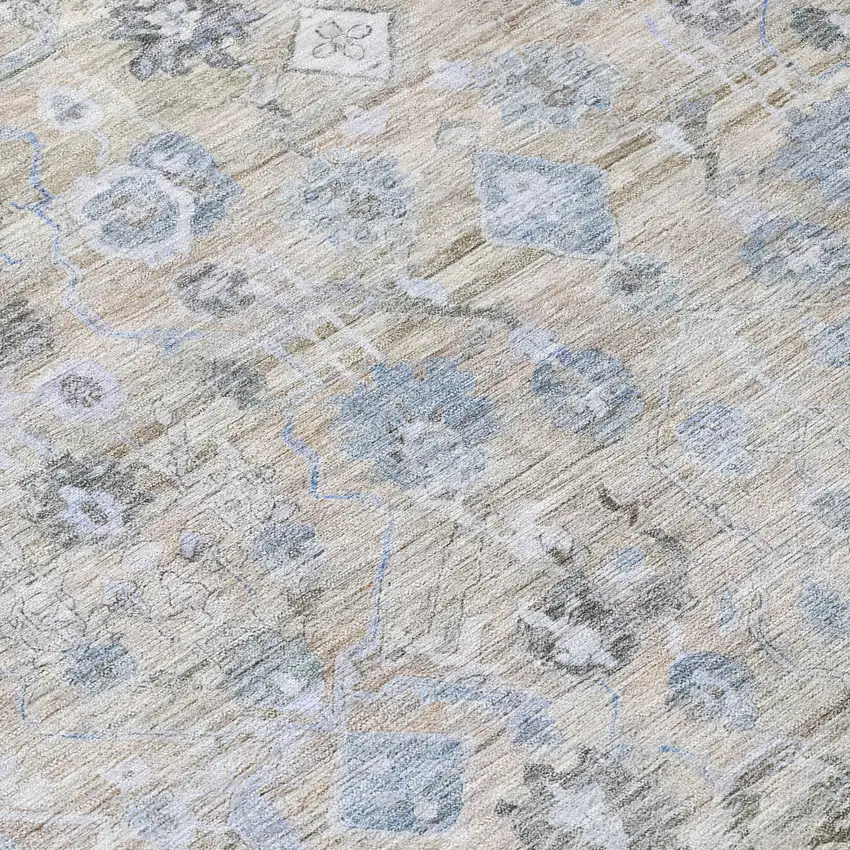 8' Beige Blue And Ivory Round Oriental Washable Indoor Outdoor Area Rug Photo 8