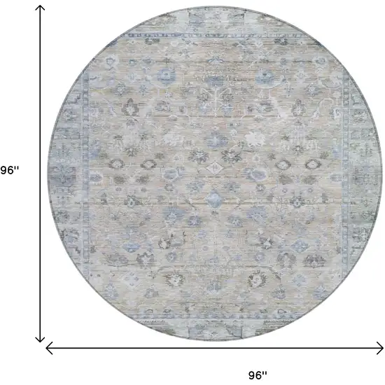 8' Beige Blue And Ivory Round Oriental Washable Indoor Outdoor Area Rug Photo 9