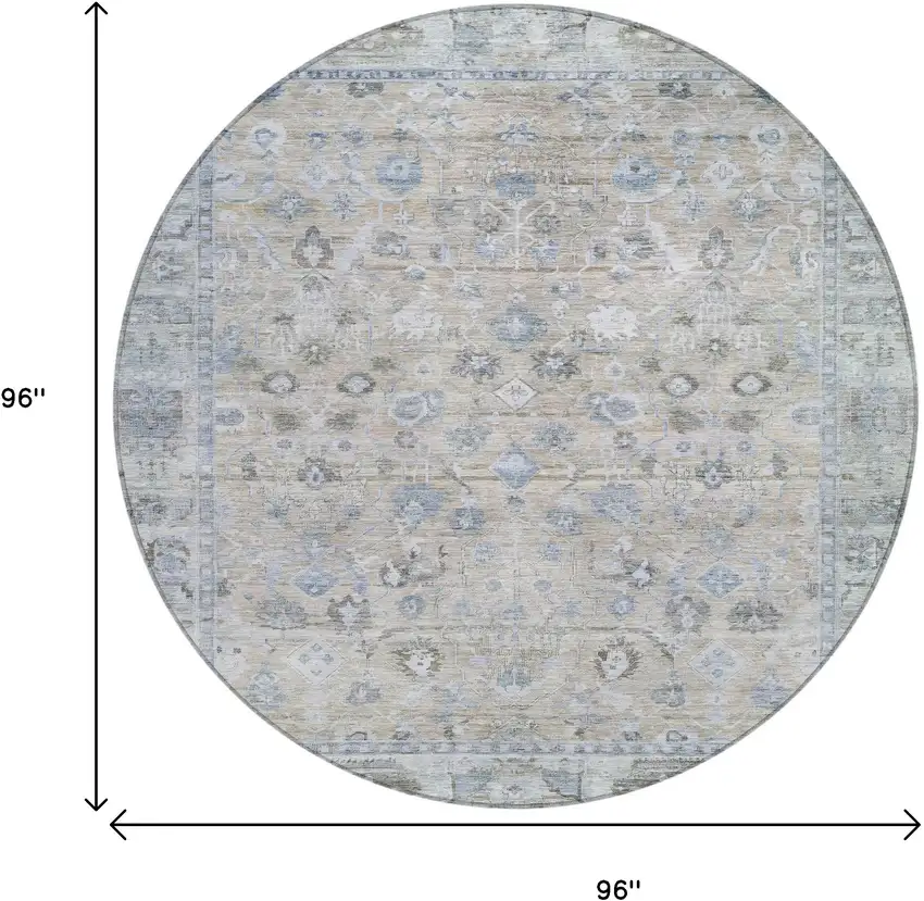 8' Beige Blue And Ivory Round Oriental Washable Indoor Outdoor Area Rug Photo 9