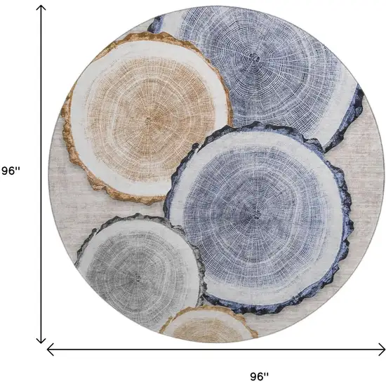 8' Beige Blue And Ivory Woodland Lodge Washable Round Rug With UV Protection Photo 8