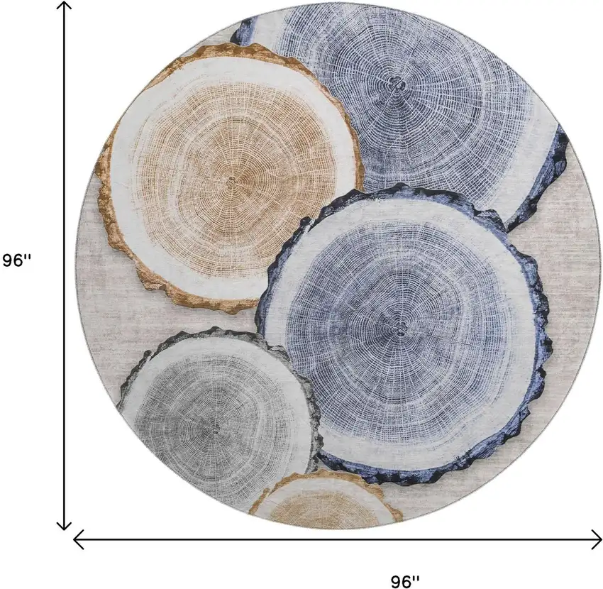8' Beige Blue And Ivory Woodland Lodge Washable Round Rug With UV Protection Photo 3