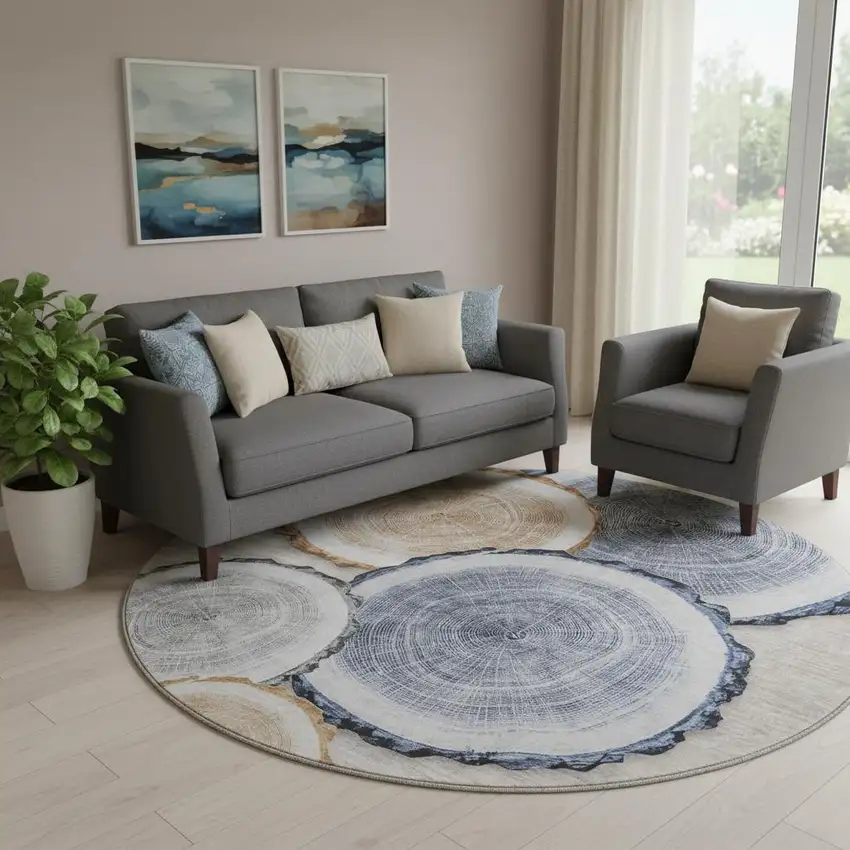 8' Beige Blue And Ivory Woodland Lodge Washable Round Rug With UV Protection Photo 1